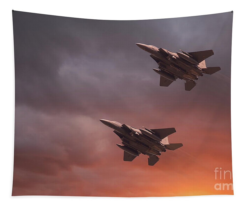 Usaf Tapestry featuring the photograph Two low flying F-15E Strike Eagles at sunset by Simon Bratt