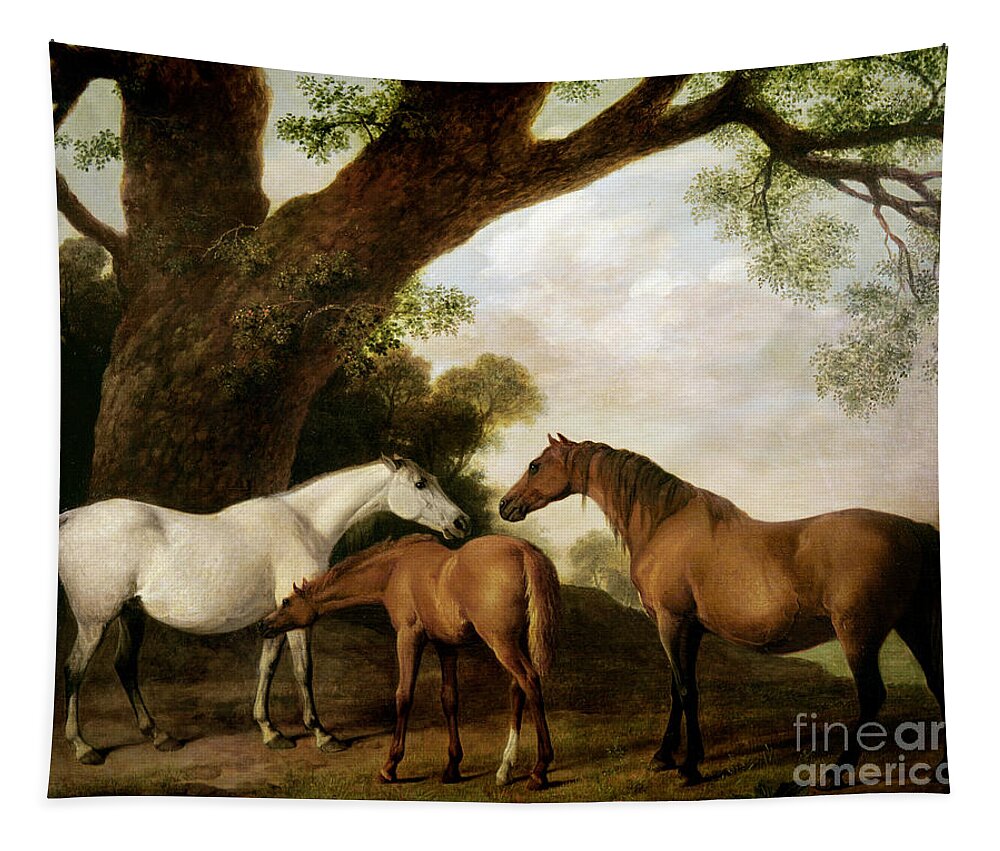 Two Tapestry featuring the painting Two Mares and a Foal by George Stubbs