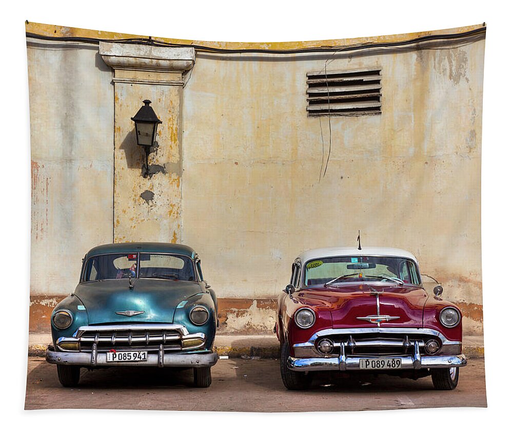 Old Tapestry featuring the photograph Two Old Vintage Chevys Havana Cuba by Charles Harden