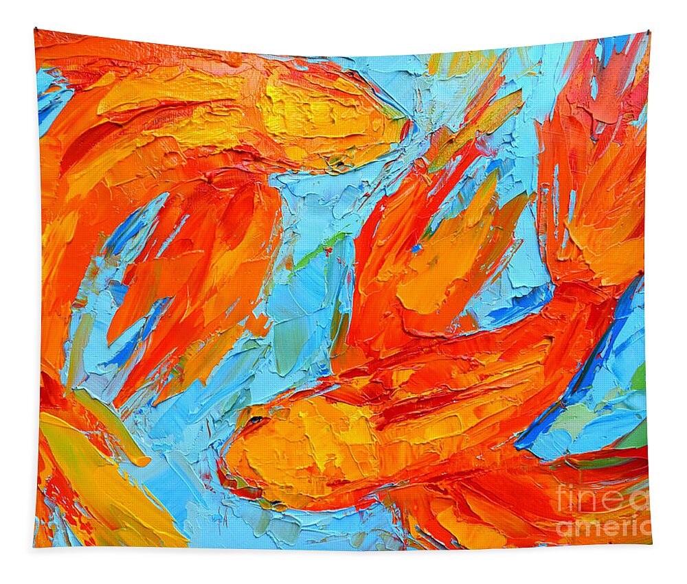 Two Orange Koi Fish - Yin Yang - Zodiac Sign Piscis Tapestry featuring the painting Two Orange Koi Fish - Modern Impressionist Palette knife - Yin yang - Piscis by Patricia Awapara