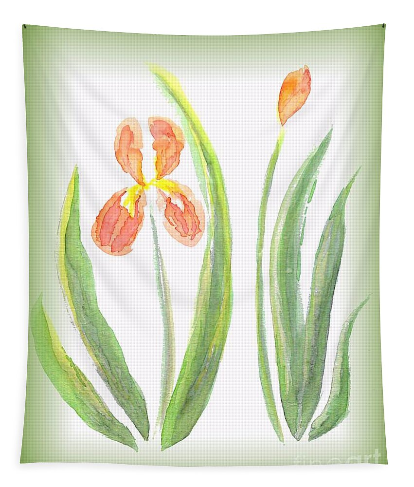 Art Tapestry featuring the painting Two Orange Iris green frame by Delynn Addams