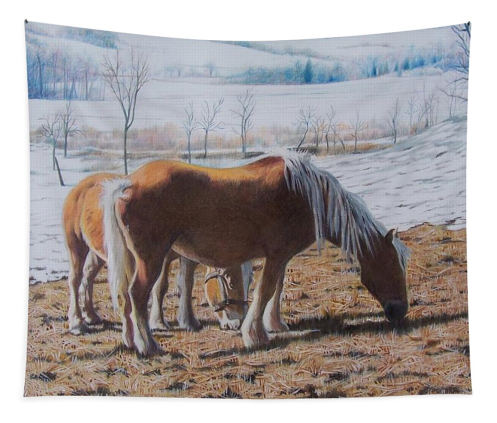 Horses Tapestry featuring the mixed media Two ponies in the snow by Constance Drescher