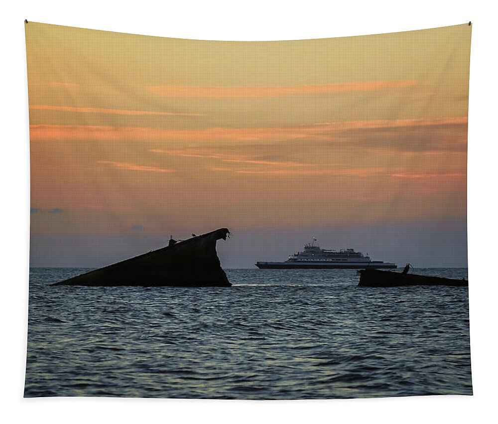 Two Ships Sunset Beach Cape May Nj Tapestry featuring the photograph Two Ships Sunset Beach Cape May NJ by Terry DeLuco