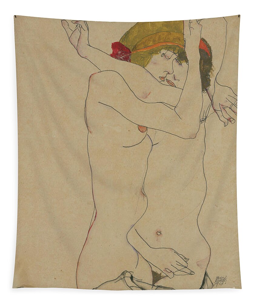 Egon Tapestry featuring the drawing Two Women Embracing, 1913 by Egon Schiele