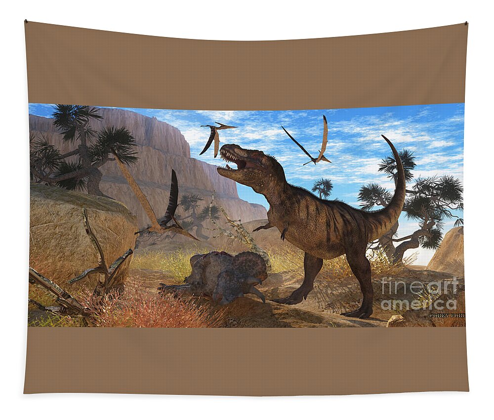 Tyrannosaurus Rex Tapestry featuring the painting Tyrannosaurus Meeting by Corey Ford
