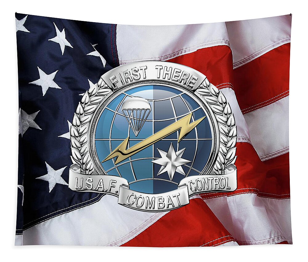 'military Insignia & Heraldry' Collection By Serge Averbukh Tapestry featuring the digital art U. S. Air Force Combat Control Teams - Combat Controller C C T Badge over American Flag by Serge Averbukh