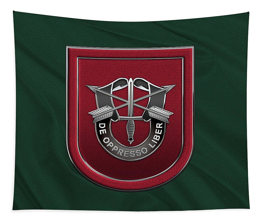 'u.s. Army Special Forces' Collection By Serge Averbukh Tapestry featuring the digital art U. S. Army 7th Special Forces Group - 7 S F G Beret Flash over Green Beret Felt by Serge Averbukh