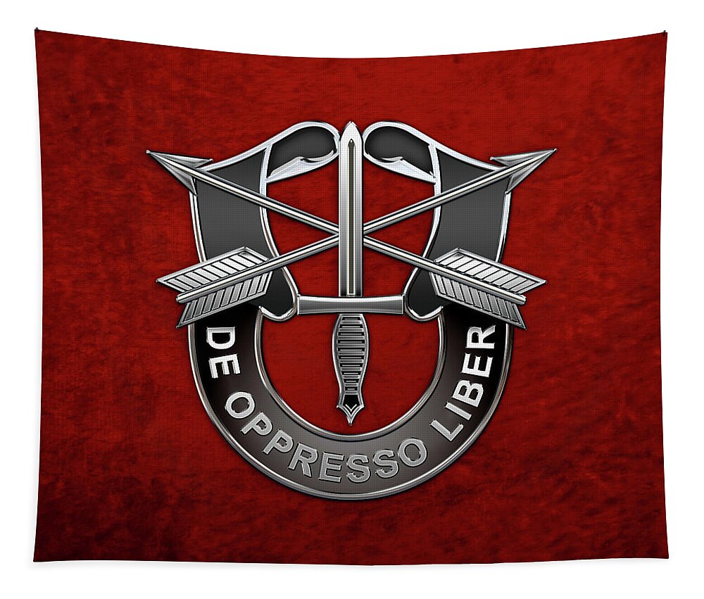 'military Insignia & Heraldry' Collection By Serge Averbukh Tapestry featuring the digital art U. S. Army Special Forces - Green Berets D U I over Red Velvet by Serge Averbukh