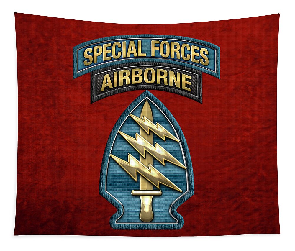 'military Insignia & Heraldry' Collection By Serge Averbukh Tapestry featuring the digital art U. S. Army Special Forces - Green Berets S S I over Red Velvet by Serge Averbukh