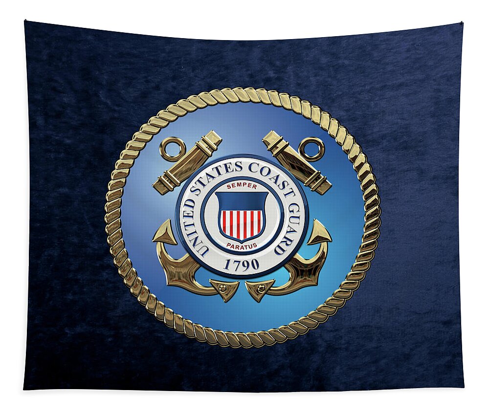 'military Insignia & Heraldry 3d' Collection By Serge Averbukh Tapestry featuring the digital art U. S. Coast Guard - U S C G Emblem over Blue Velvet by Serge Averbukh