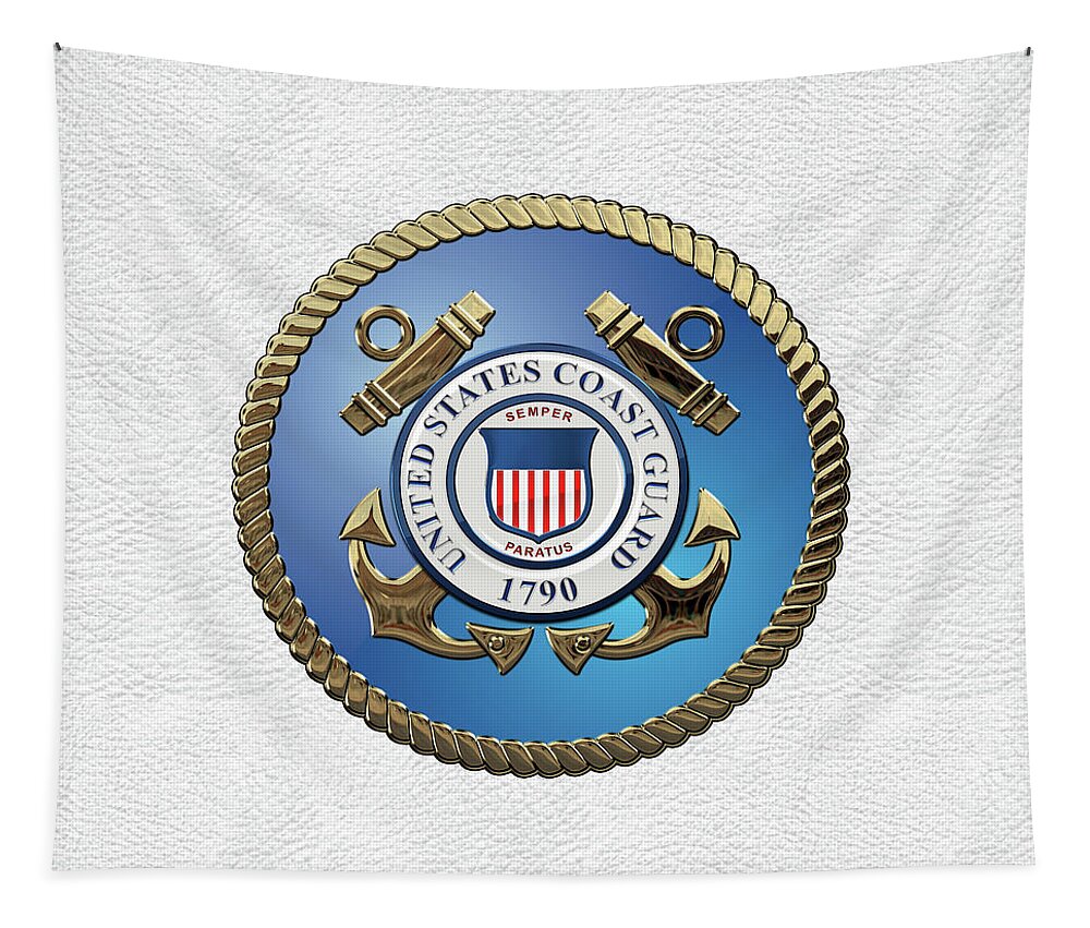 'military Insignia & Heraldry 3d' Collection By Serge Averbukh Tapestry featuring the digital art U. S. Coast Guard - U S C G Emblem over White Leather by Serge Averbukh
