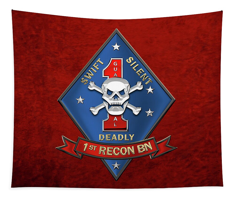 'military Insignia & Heraldry' Collection By Serge Averbukh Tapestry featuring the digital art U S M C 1st Reconnaissance Battalion - 1st Recon Bn Insignia over Red Velvet by Serge Averbukh