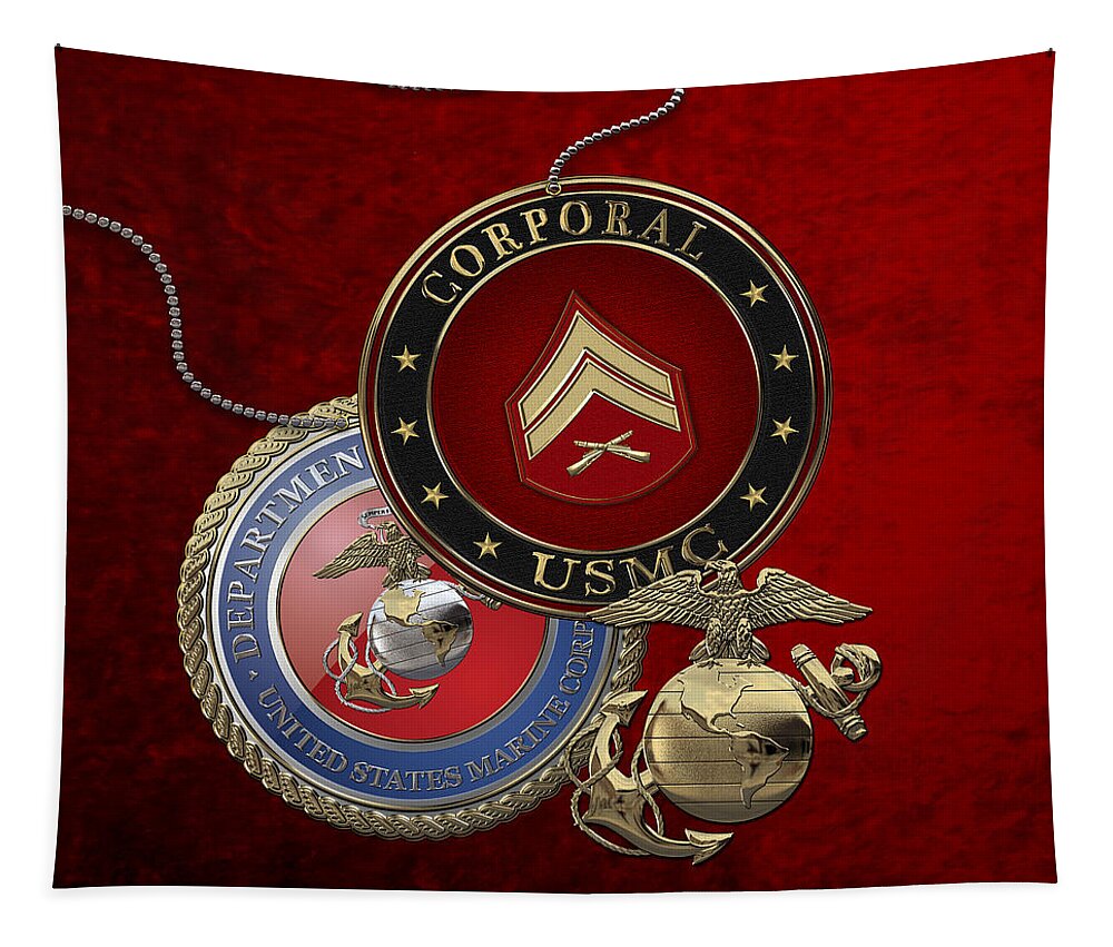 �military Insignia 3d� By Serge Averbukh Tapestry featuring the digital art U. S. Marines Corporal Rank Insignia over Red Velvet by Serge Averbukh