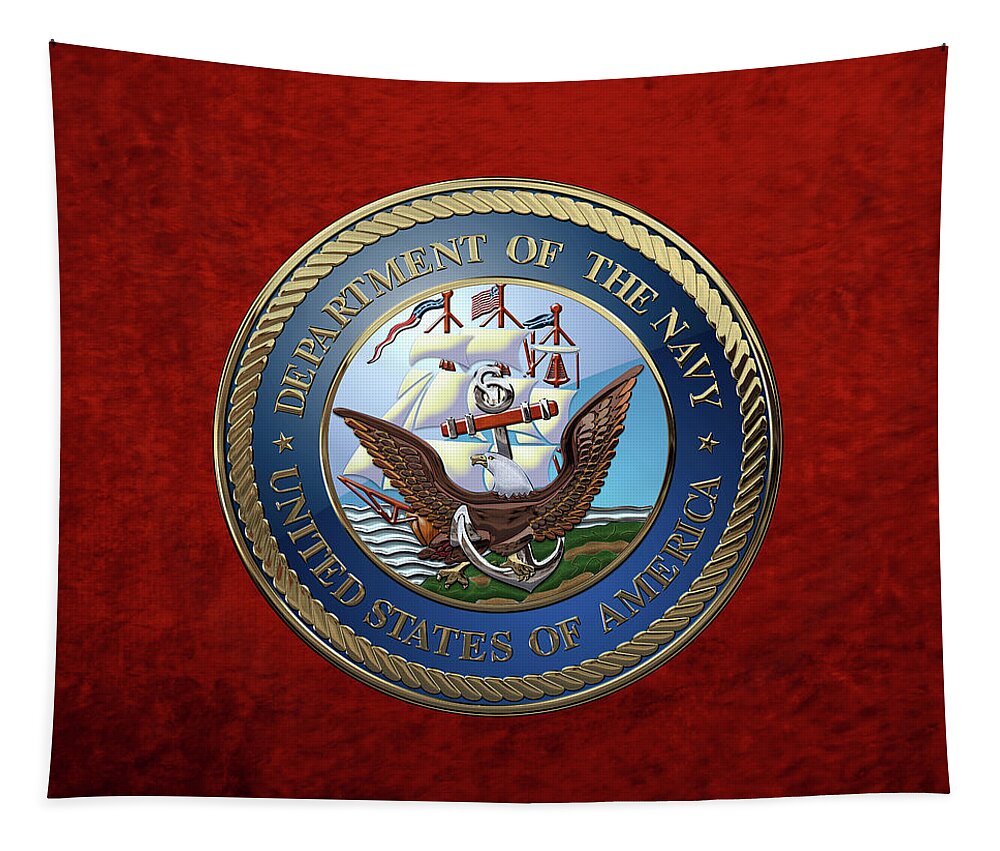 'military Insignia & Heraldry 3d' Collection By Serge Averbukh Tapestry featuring the digital art U. S. Navy - U S N Emblem over Red Velvet by Serge Averbukh