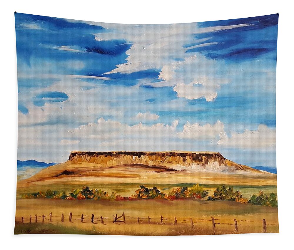 First Peoples Buffalo Jump Tapestry featuring the painting Ulm Montana First People's Buffalo Jump  93 by Cheryl Nancy Ann Gordon
