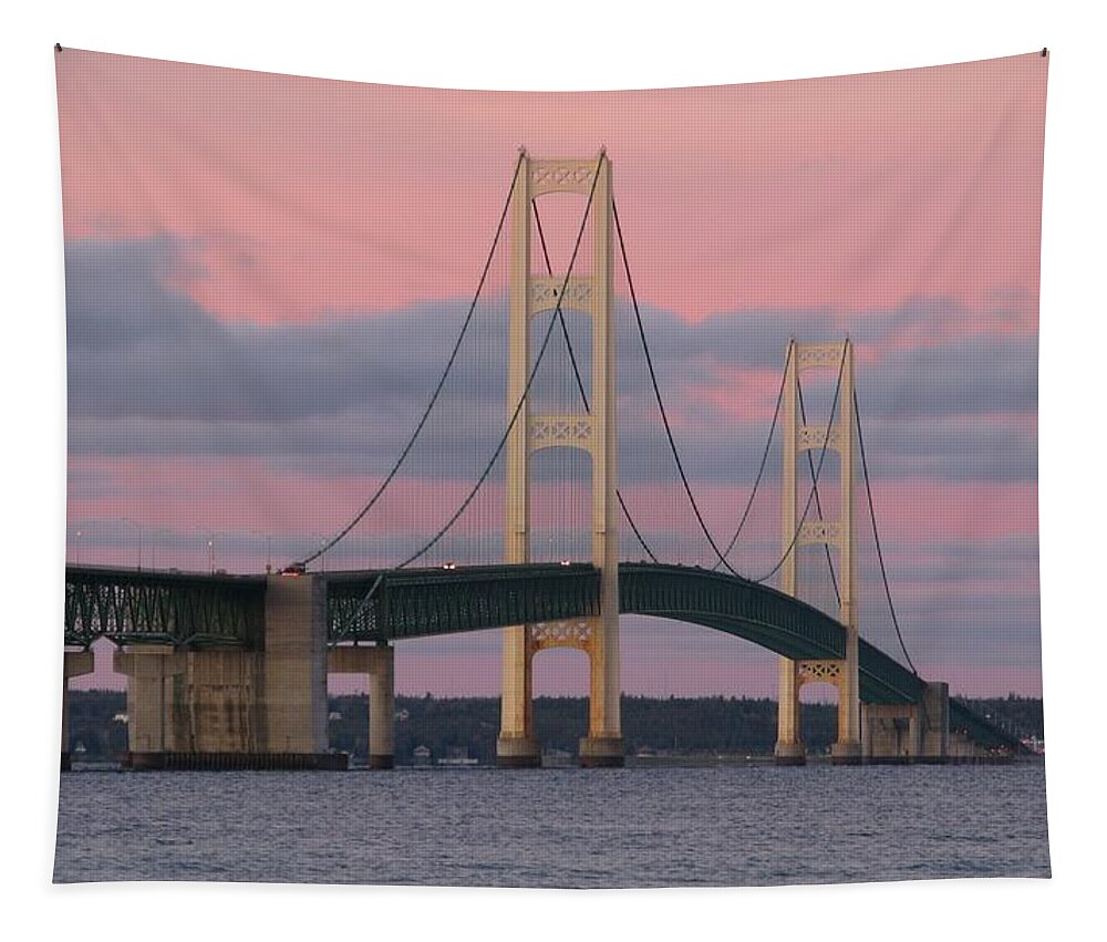 Mackinac Bridge Tapestry featuring the photograph Under a Rose Colored Sky by Keith Stokes