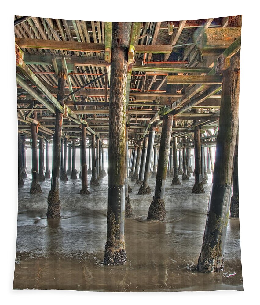 Under The Boardwalk Tapestry featuring the photograph Under the Boardwalk pier Sunbeams by David Zanzinger