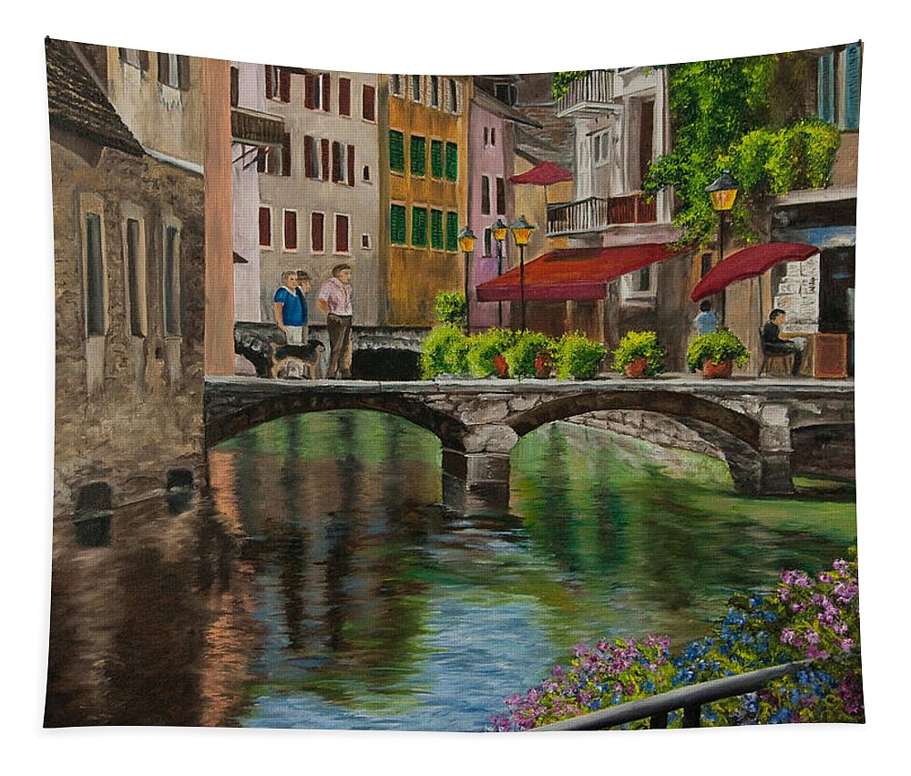 Annecy France Art Tapestry featuring the painting Under the Umbrella in Annecy by Charlotte Blanchard