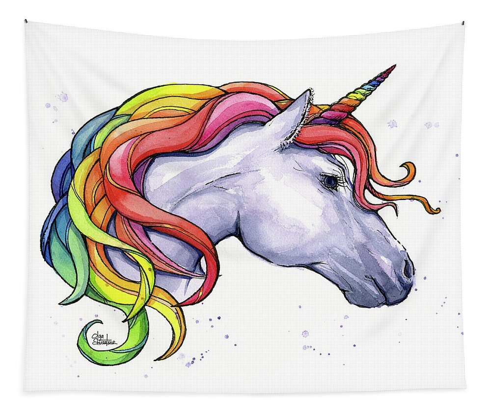 Unicorn Tapestry featuring the painting Unicorn With Rainbow Mane by Olga Shvartsur