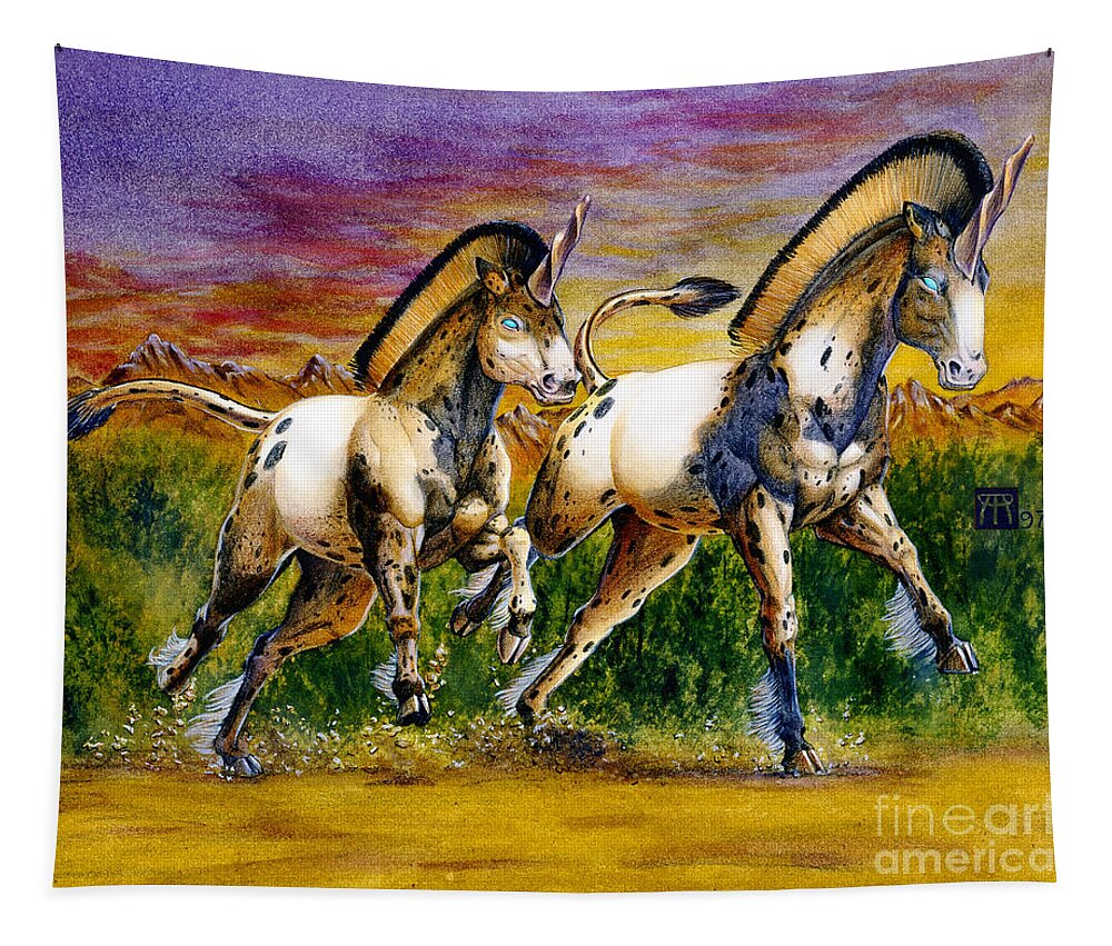 Artwork Tapestry featuring the painting Unicorns in Sunset by Melissa A Benson