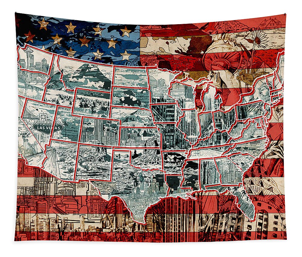Map Tapestry featuring the painting United States Drawing Collage Map 6 by Bekim M