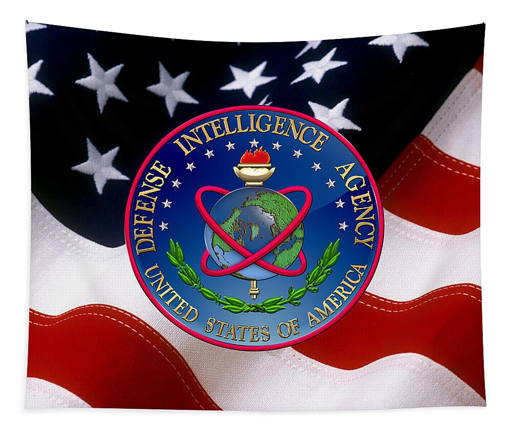 'military Insignia & Heraldry 3d' Collection By Serge Averbukh Tapestry featuring the digital art U. S. Defense Intelligence Agency - D I A Emblem over Flag by Serge Averbukh