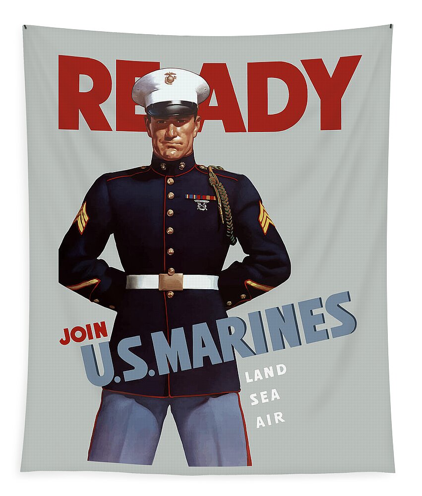 Marine Recruiting Tapestry featuring the painting US Marines - Ready by War Is Hell Store