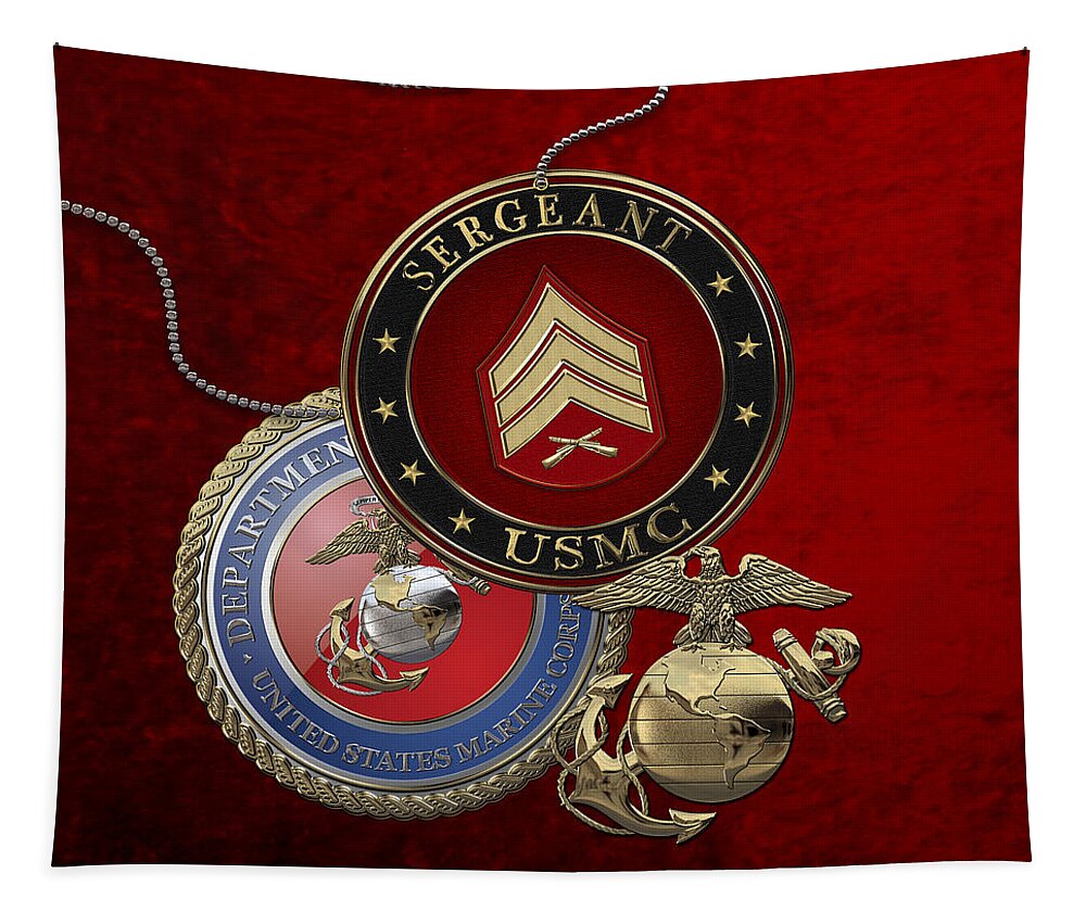 Military Insignia 3d By Serge Averbukh Tapestry featuring the digital art U. S. Marines Sergeant - U S M C Sgt Rank Insignia over Red Velvet by Serge Averbukh