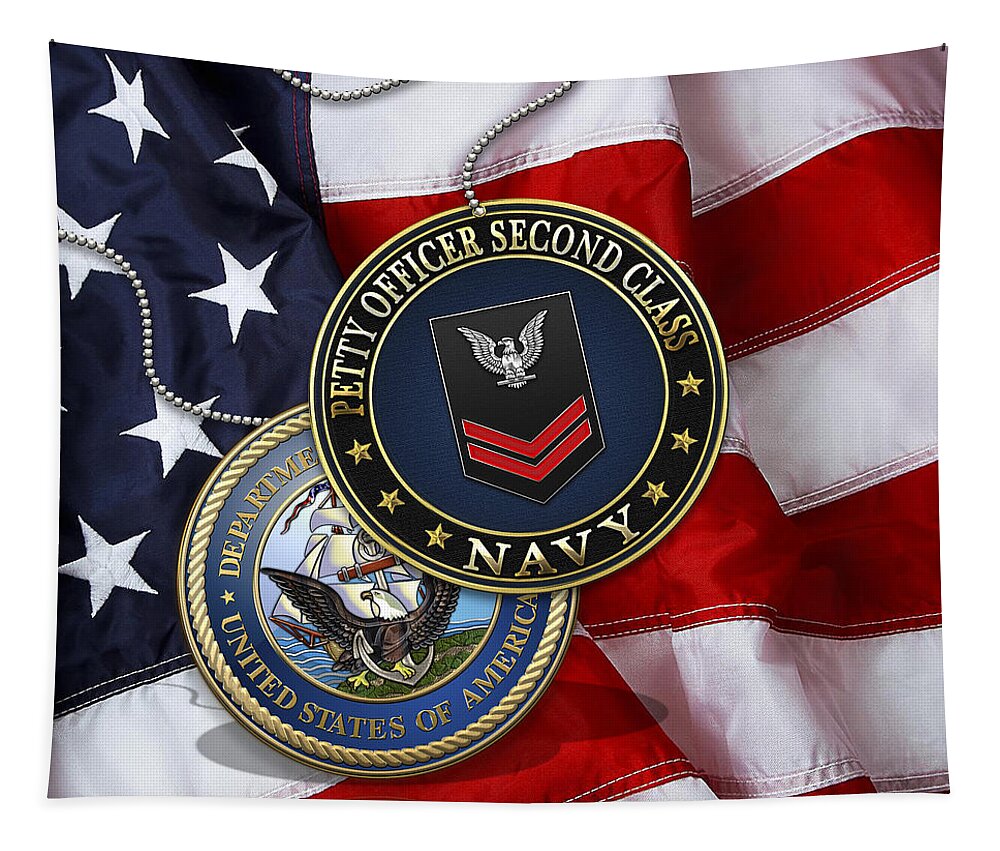 Military Insignia 3d By Serge Averbukh Tapestry featuring the digital art U.S. Navy Petty Officer Second Class - PO2 Rank Insignia over US Flag by Serge Averbukh