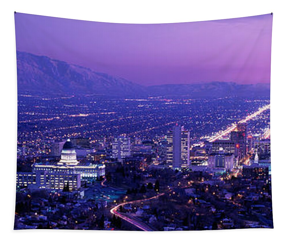 Photography Tapestry featuring the photograph Usa, Utah, Salt Lake City, Aerial, Night by Panoramic Images