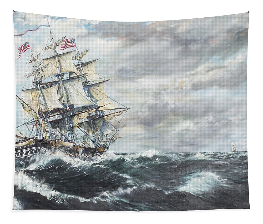 Uss Constitution Tapestry featuring the painting USS Constitution heads for HM Frigate Guerriere by Vincent Alexander Booth