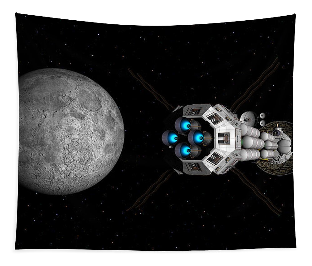 Spaceship Tapestry featuring the digital art USS Savannah passing earth's moon by David Robinson