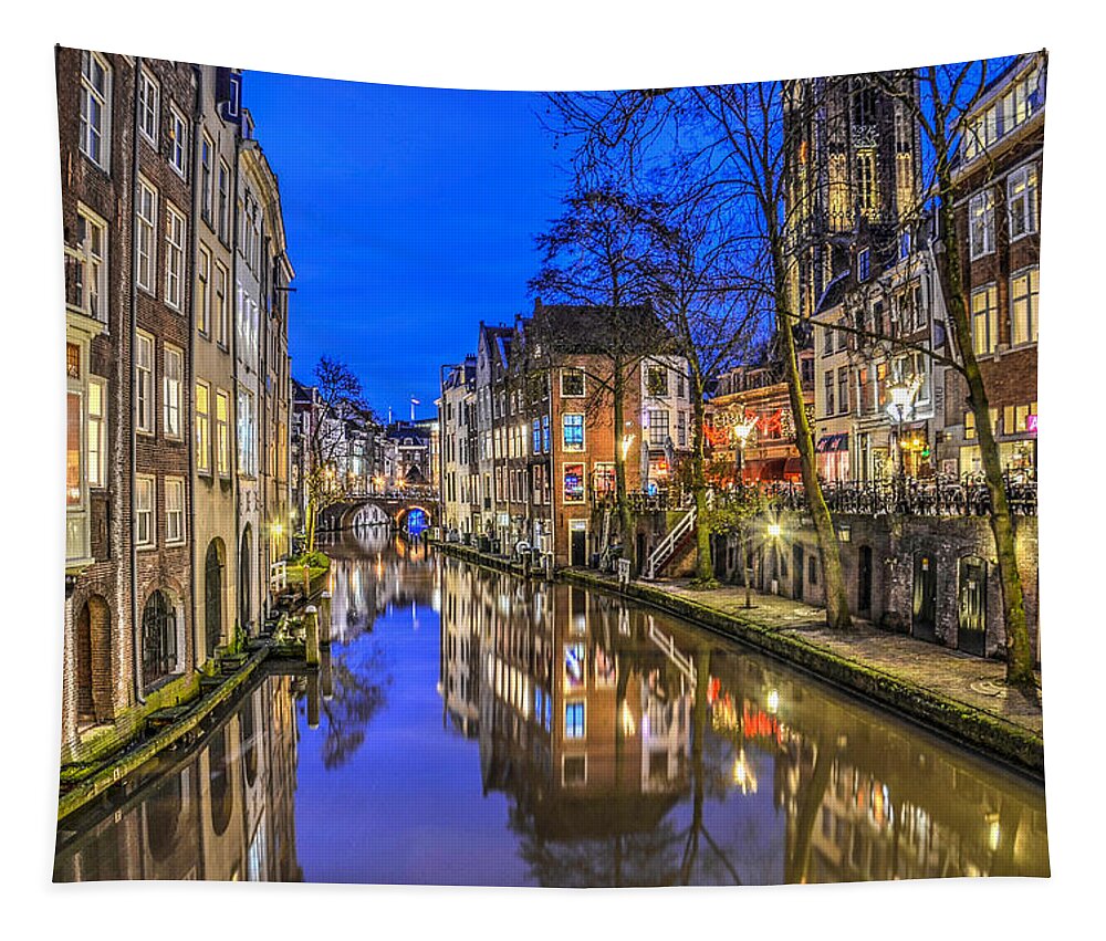 Utrecht Tapestry featuring the photograph Utrecht From the Bridge By Night by Frans Blok