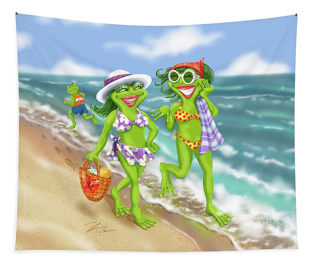 Frogs Tapestry featuring the mixed media Vacation Beach Frog Girls by Shari Warren