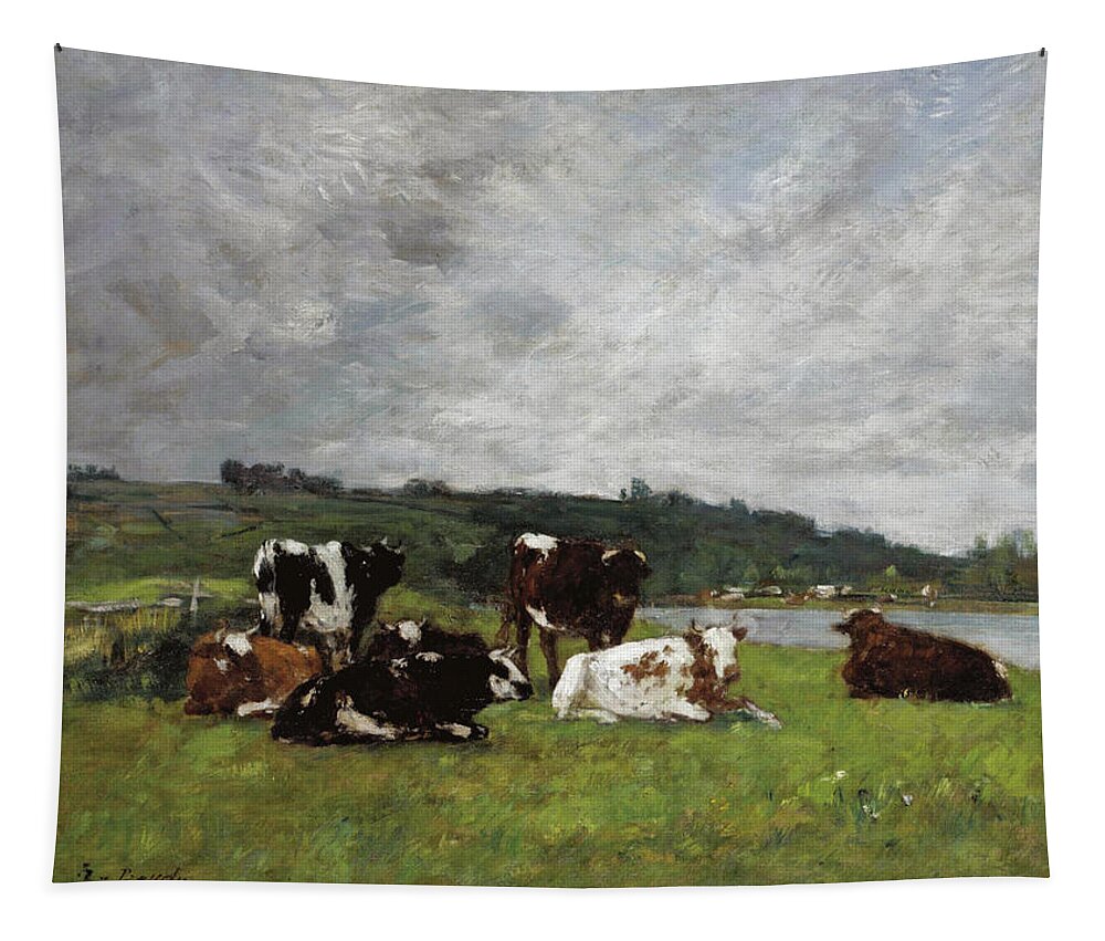 Eugene Boudin Tapestry featuring the painting Vaches au Paturage by Eugene Boudin
