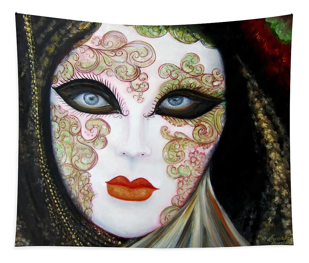 Venice Tapestry featuring the painting Venetian Mask in Black 2015 by Leonardo Ruggieri