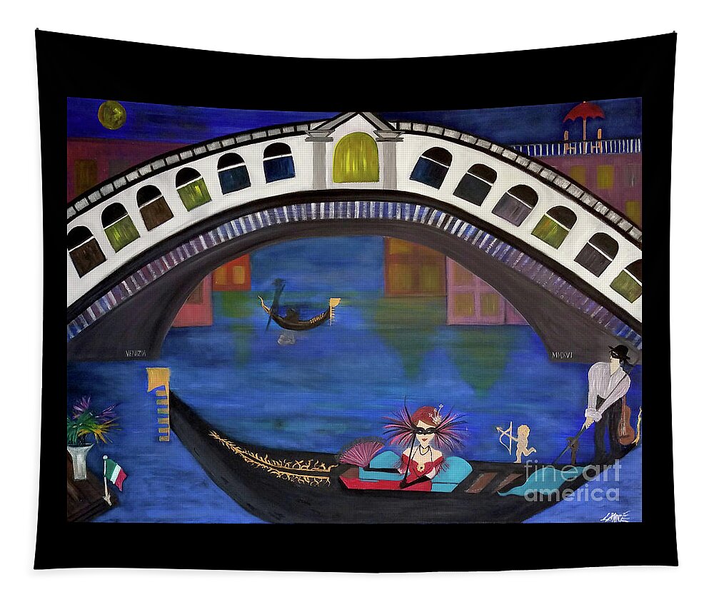 Gondola Tapestry featuring the painting Venice Gondola By Night by Artist Linda Marie