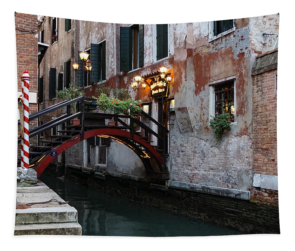 Georgia Mizuleva Tapestry featuring the photograph Venice Italy - the Cheerful Christmassy Restaurant Entrance Bridge by Georgia Mizuleva