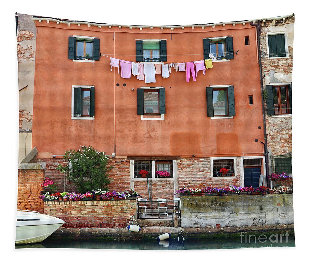 Venice Tapestry featuring the photograph Venice Laundry and Flowers 9267 by Jack Schultz