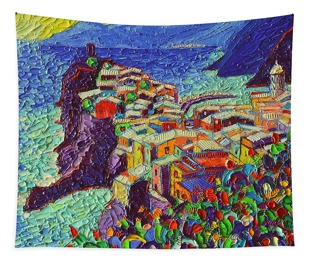 Vernazza Tapestry featuring the painting Vernazza Cinque Terre Italy 2 Modern Impressionist Palette Knife Oil Painting By Ana Maria Edulescu by Ana Maria Edulescu