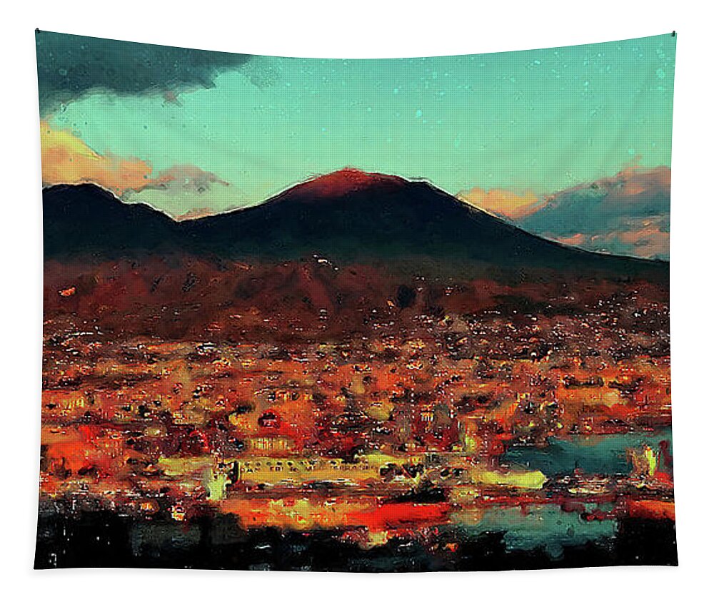 Gulf Of Naples Tapestry featuring the painting Vesuvio, panorama from Naples - 01 by AM FineArtPrints