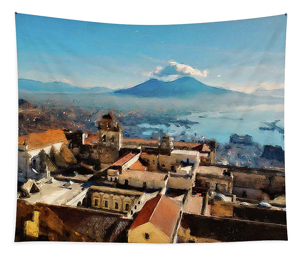 Gulf Of Naples Tapestry featuring the painting Vesuvio, panorama from Naples - 03 by AM FineArtPrints