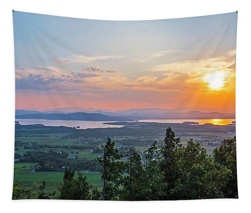 Adirondacks Tapestry featuring the photograph Vibrant sunset over Lake Champlain and the Adirondacks from Mount Philo Charlotte Vermont by Toby McGuire