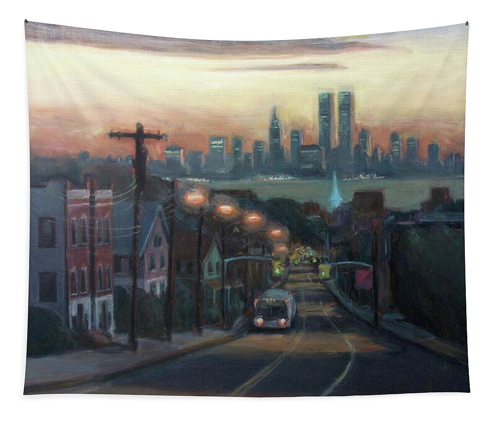 Manhattan Skyline Tapestry featuring the painting Victory Boulevard at Dawn by Sarah Yuster