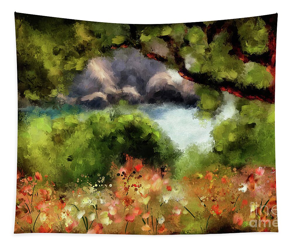 Corfu Tapestry featuring the digital art View From The Terrace - Paleokastritsa by Lois Bryan