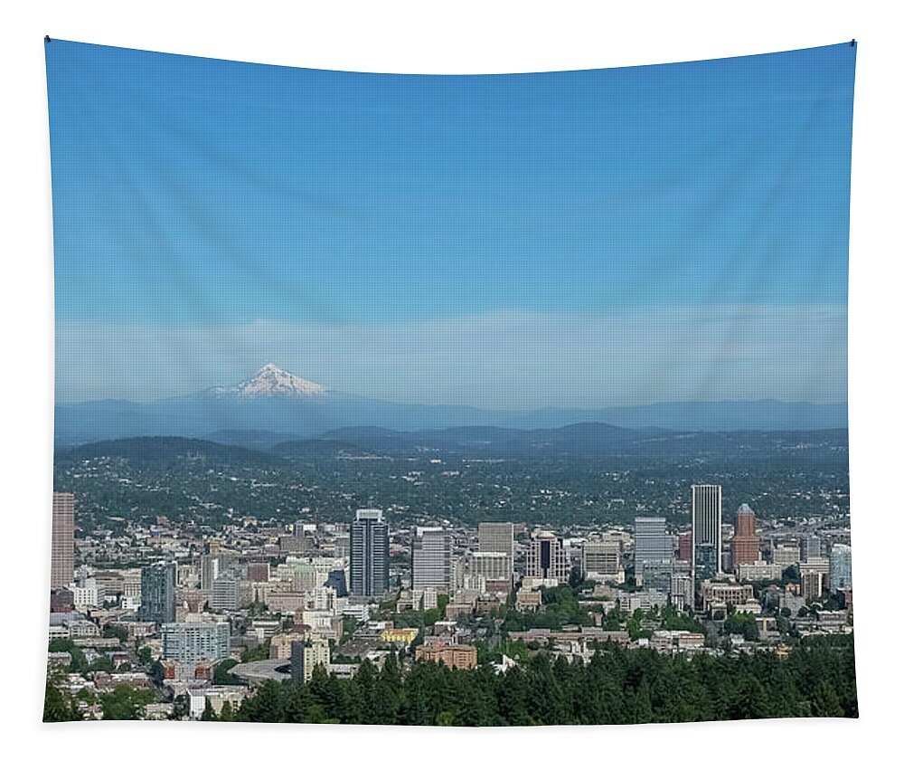 Downtown Tapestry featuring the photograph View of downtown Portland Oregon from Pittock Mansion by Robert Bellomy