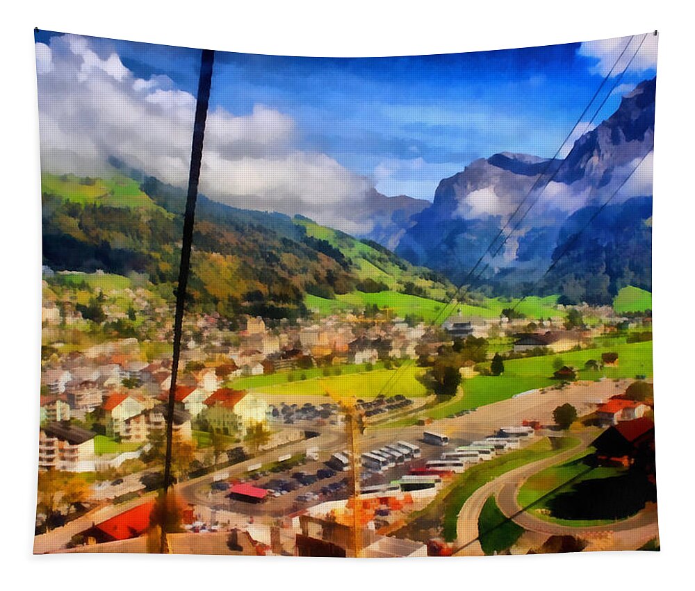 Cable Car Tapestry featuring the photograph View of town below a cable car in Switzerland by Ashish Agarwal