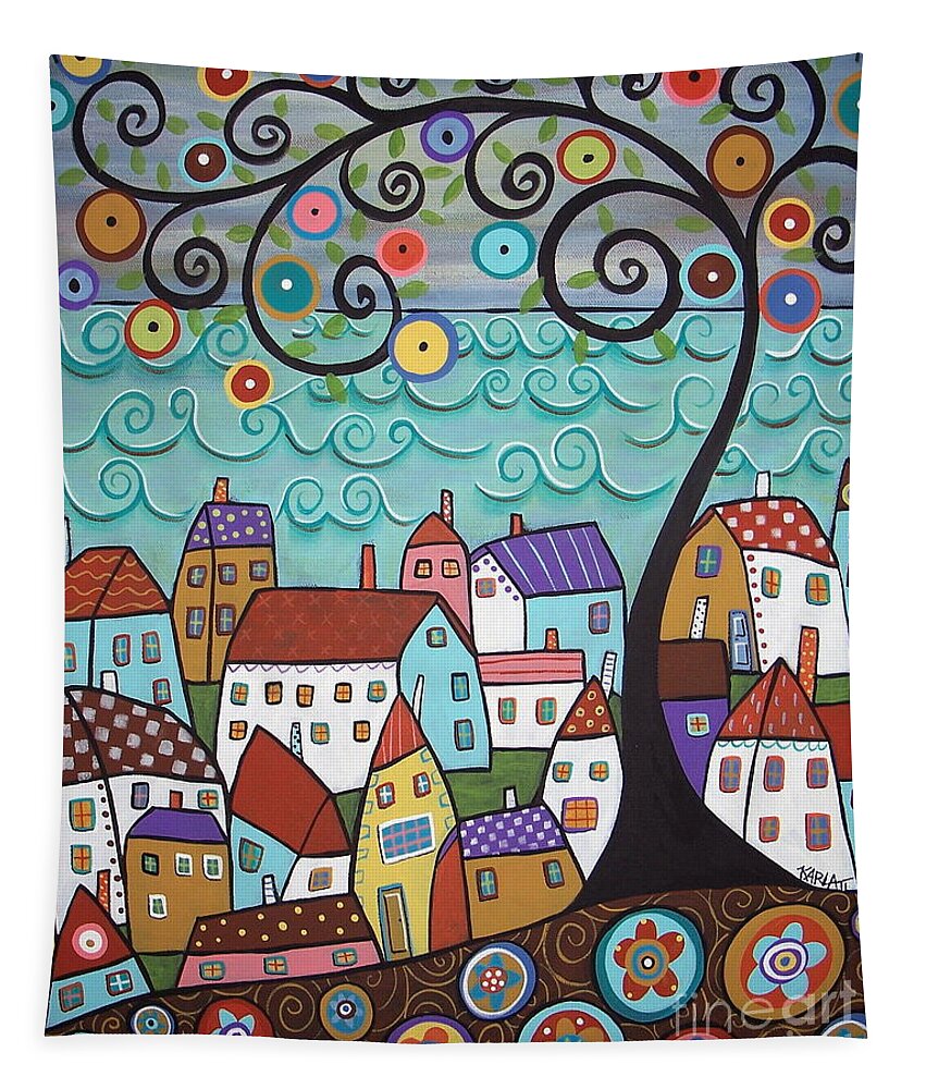 Seascape Tapestry featuring the painting Village By The Sea by Karla Gerard