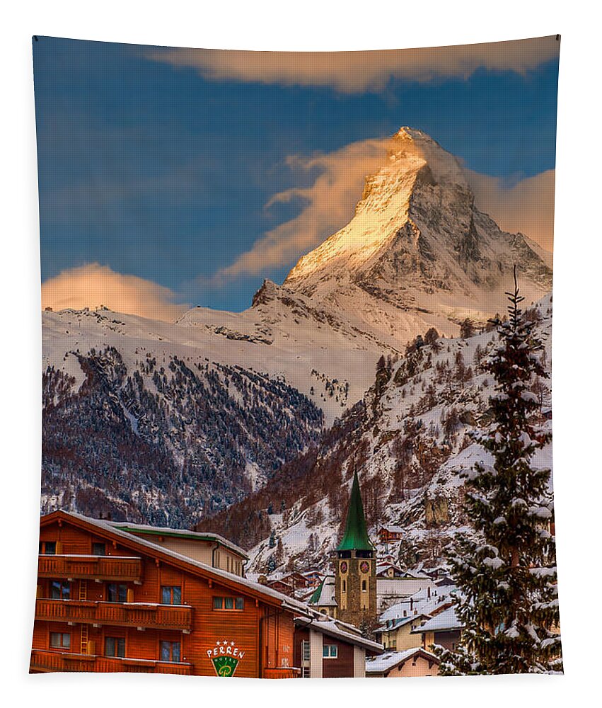 Furggletscher Tapestry featuring the photograph Village of Zermatt with Matterhorn by Brenda Jacobs