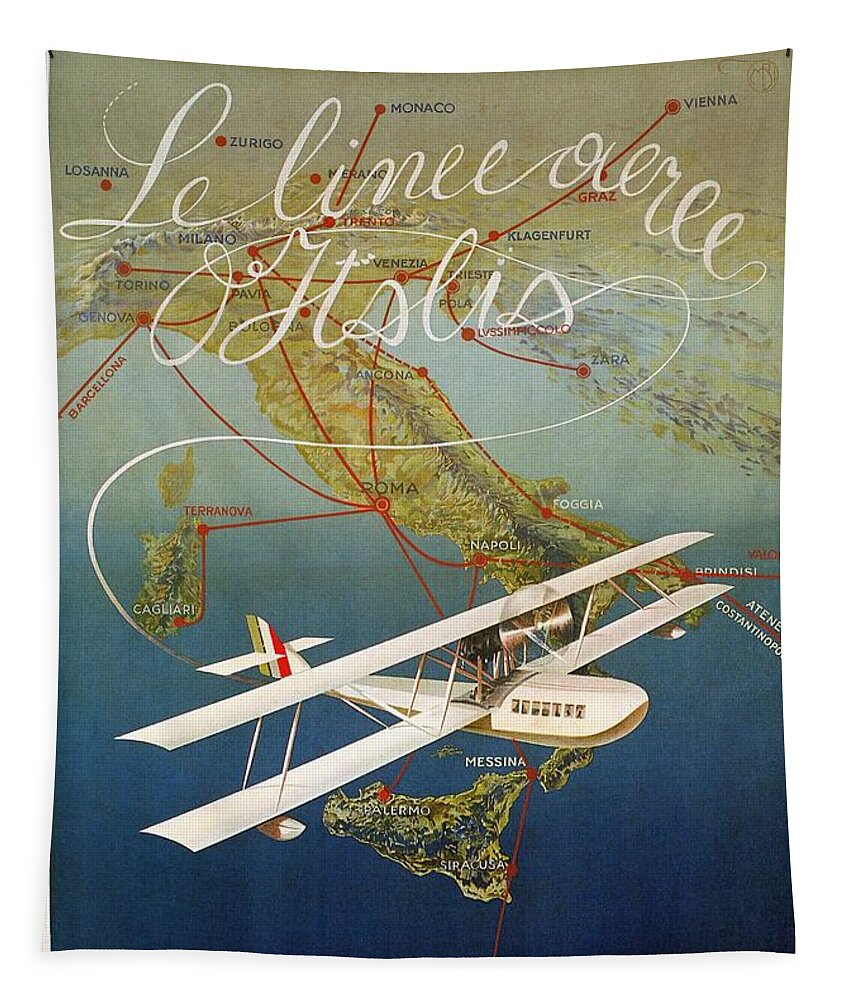 Italy Tapestry featuring the digital art Vintage 1920s island plane shuttle Italian travel by Heidi De Leeuw